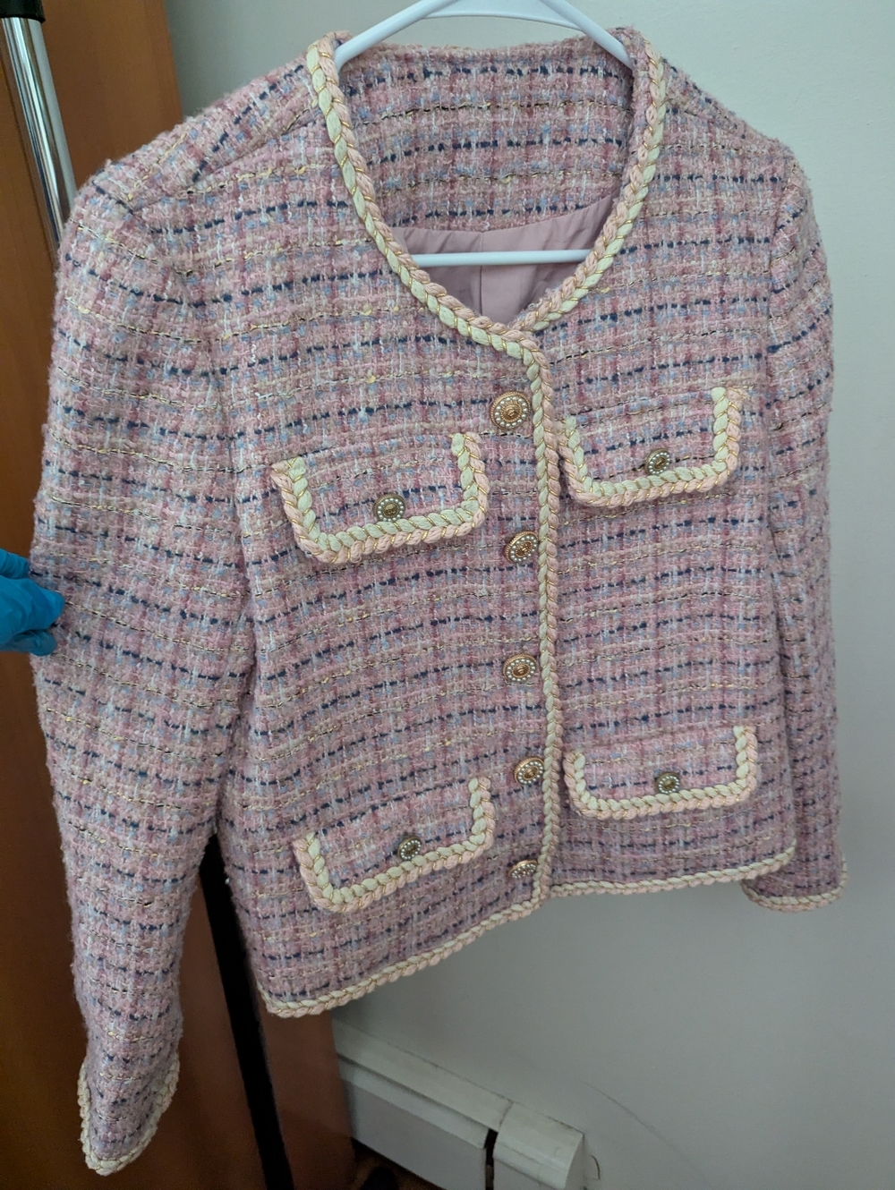 Chic Pink Tweed Jacket with Cream Accents